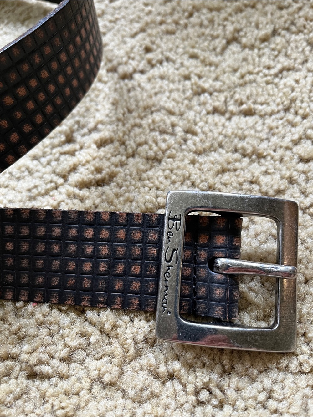 Ben Sherman Men's  Brown Textured Grid Leather Belt with Silver Buckle
